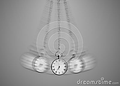 Hypnosis session. Vintage pocket watch with chain swinging on grey background, motion effect Stock Photo