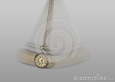 Hypnosis session. Vintage pocket watch with chain swinging on light background, motion effect Stock Photo