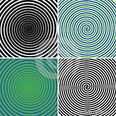 Hypnotic circles set. Collection of psychedelic spiral backgrounds. Abstract hypnosis optical illusion swirls. Vector. Vector Illustration