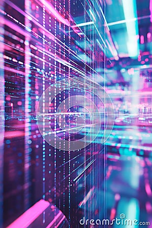 A hypnotic 3D abstract background displaying an intricate array of shifting holographic grids, Stock Photo