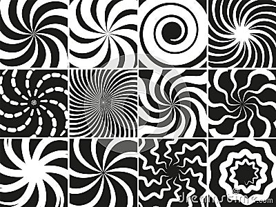 Hypnotic shapes collection. Radial black white abstract spirals, geometric circular swirls vector set Vector Illustration