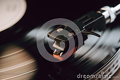 Hypnotic spin of vinyl disc. Timeless cinematic charm of analog music.Audiophile Stock Photo