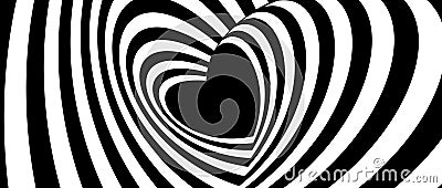 Hypnotic tunnel heart background. Black and white optical illusion pattern. Rotating Heart-shaped op art design for Vector Illustration