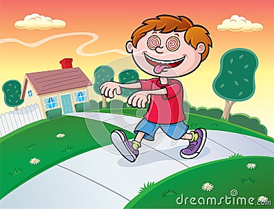 Hypnotized Kid Following Aroma In The Air Cartoon Illustration