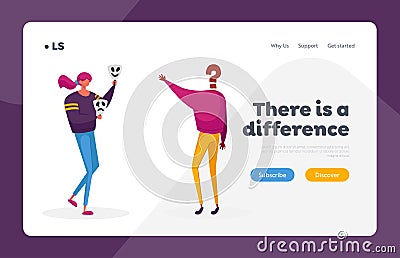 Hypocrisy, Fraud, Lie and Insincerity Landing Page Template. Woman Hold Masks Expressing Sadness and Happiness Emotions Vector Illustration