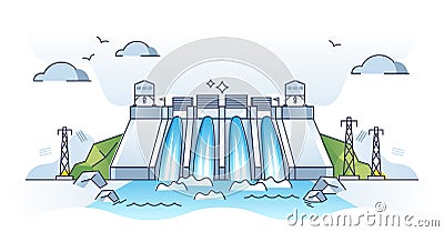 Hyro energy plant or hydroelectricity for power production outline concept Vector Illustration