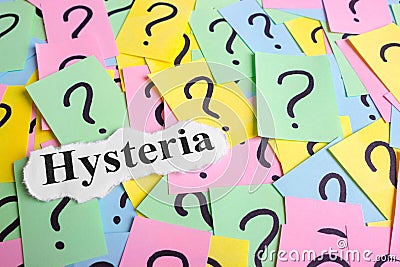Hysteria Syndrome text on colorful sticky notes Against the background of question marks Stock Photo