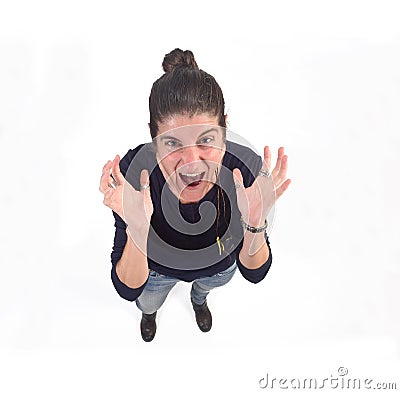 Hysterical woman screaming on white Stock Photo