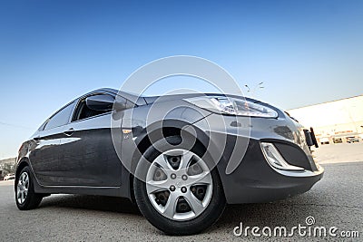 Hyundai accent in grey color, front side ultra wide angle view Editorial Stock Photo