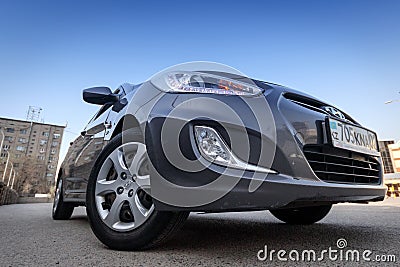 Hyundai accent in grey color, ultra wide angle view Editorial Stock Photo