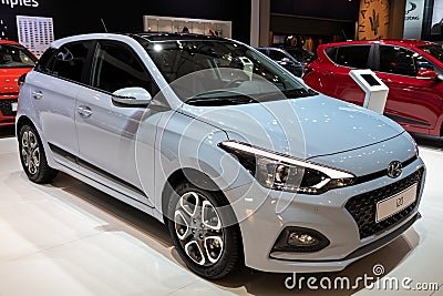 Hyundai i20 car at the Brussels Autosalon Motor Show. Belgium - January 18, 2019 Editorial Stock Photo