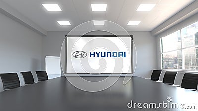 Hyundai Motor Company logo on the screen in a meeting room. Editorial 3D rendering Editorial Stock Photo
