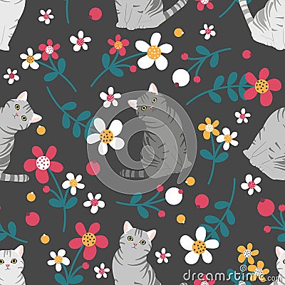 Romantic American shorthair cat seamless pattern background with flowers. Cartoon tabby cat kitten background. Vector Illustration