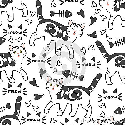 Doodle American shorthair cat seamless pattern background with fish bones and hearts. Cartoon tabby cat kitten background. Vector Illustration