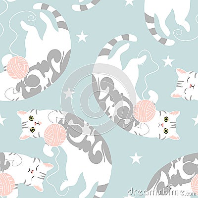 Cute American shorthair cat seamless pattern background with ball of wool. Cartoon tabby cat kitten background. Hand drawn Vector Illustration