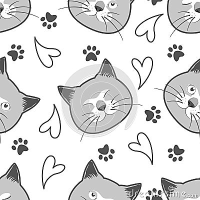 British ShorthairÂ Cat emoticons showing different emotions. Gray Cat head seamless pattern background. Great for wallpaper, kids Vector Illustration