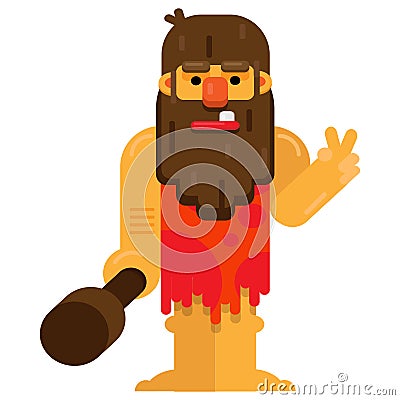 Caveman carrying a big club and showing victory sign. Vector Illustration