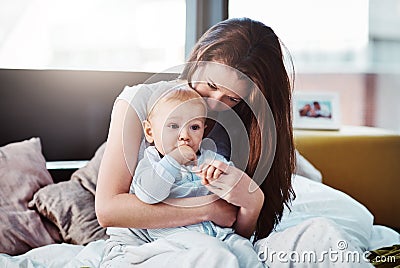 I adore you my little boy. a mother and her baby boy at home. Stock Photo