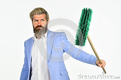 I agree to any work. Businessman hold broom. Financial crisis concept. Global crisis and unemployment. Qualified Stock Photo