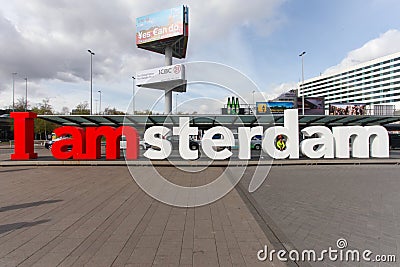 I am Amsterdam sign at the arrivaldeparture entrance of Schiphol international airport Editorial Stock Photo