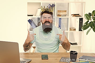 I am the best. Superiority and self confidence. King of office. Serious boss at work place. Aggressive boss shouting at Stock Photo