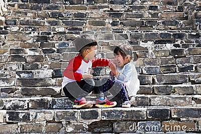 Children playing on the Great Wallï¼ŒBeijingï¼ŒChina Editorial Stock Photo