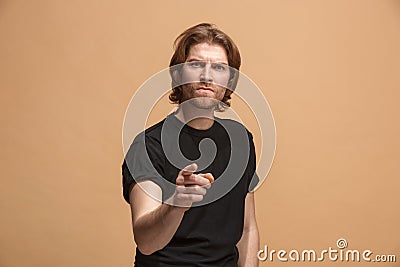 The overbearing businessman point you and want you, half length closeup portrait on pastel background. Stock Photo