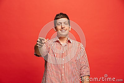 The overbearing businessman point you and want you, half length closeup portrait on red background. Stock Photo