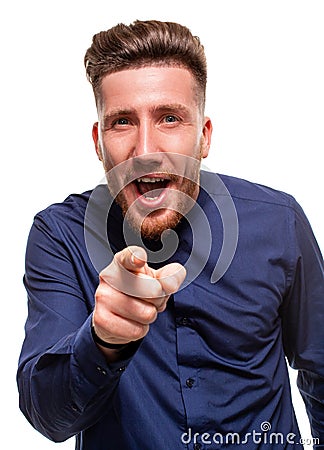 I choose you and order. The smiling business man point you, want you, half length closeup portrait on white studio Stock Photo