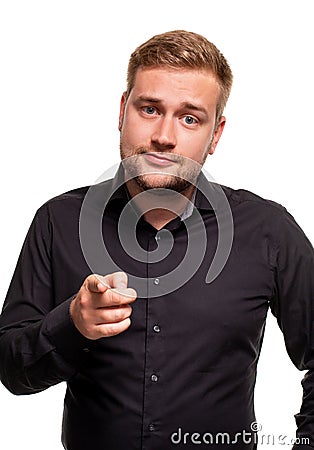 I choose you and order. The smiling business man point you, want you, half length closeup portrait on white studio Stock Photo
