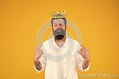 I am cool. brutal and handsome prince yellow background. Egoist selfish man. Narcissistic person. Superiority complex Stock Photo