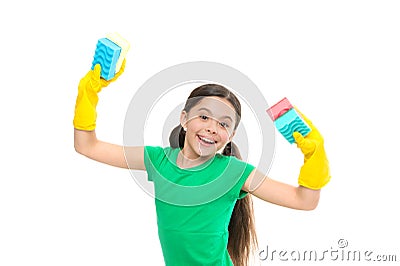 I did it. kid cleaning around. Protect sensitive skin. Kid cleaning at home. small girl well done. Dish wash sponge Stock Photo