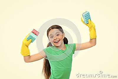 I did it. kid cleaning around. Protect sensitive skin. Kid cleaning at home. small girl well done. Dish wash sponge Stock Photo