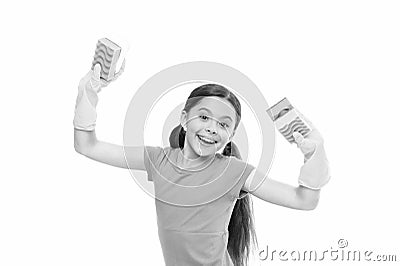 I did it. kid cleaning around. Protect sensitive skin. Kid cleaning at home. small girl well done. Dish wash sponge Stock Photo