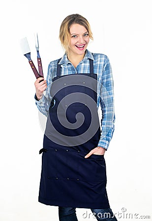 I did it. Picnic barbecue. food cooking recipe. Pretty girl in chef apron. Preparation and culinary. Tools for roasting Stock Photo