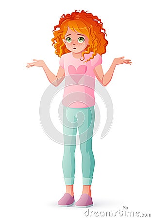 Pondering cute young redhead girl shrugging shoulders. Isolated vector illustration. Vector Illustration