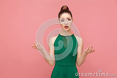 I don`t know. Portrait of attractive beautiful puzzled woman Stock Photo