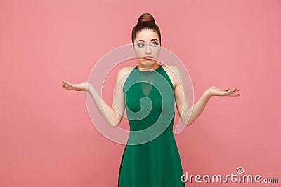 I don`t know. Portrait of cute puzzled woman Stock Photo