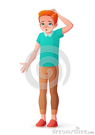 Young redhead boy scratching head shrugging shoulders. Isolated vector illustration. Vector Illustration