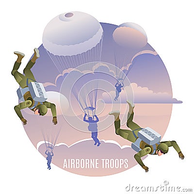 Airborne troops on mission. Background of the clouds sky at sunset. Illustration isometric icons on isolated background Vector Illustration