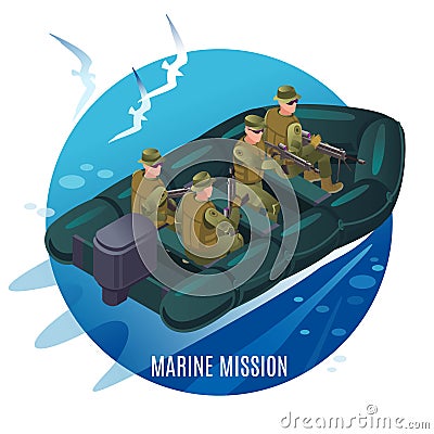 Navy seals on a mission. Military boat at sea and seagulls above it. Illustration isometric icons on isolated background Vector Illustration