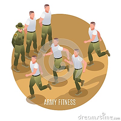 Physical training of special forces under the supervision of a sergeant. Illustration isometric icons on isolated background Vector Illustration