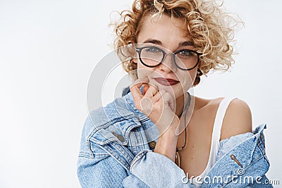 I got excellent idea. Portrait of creative and confident good-looking european female blogger in glasses and denim Stock Photo