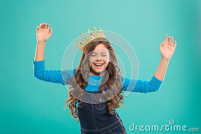 I am just the best. Kid wear golden crown symbol of princess. Girl cute baby wear crown. Become princess concept. Every Stock Photo