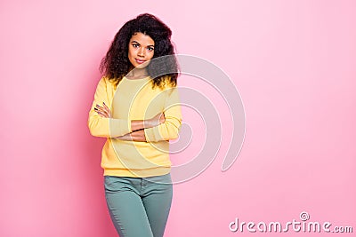 I know everything about start-up concept. Photo of pretty concentrated self-assured brunette lady holding hands crossed Stock Photo