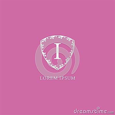 I Letter Intial logo design template. Luxury silver decorative floral shield illustration. Vector Illustration