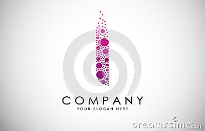 I Letter Logo with Dispersion Effect and Dots, Bubbles, Circles. Vector Illustration