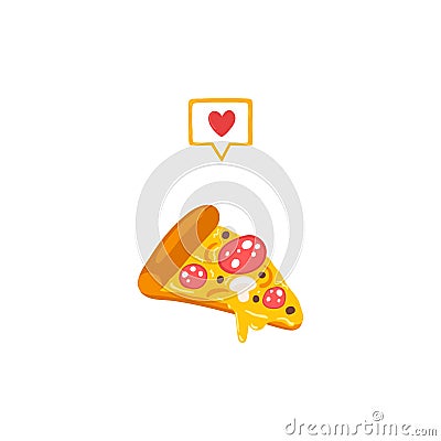 I like pizza. Vector illustration of fast food stocks in simple cartoon style. Appetizing pepperoni with sausage and cheese. Heart Cartoon Illustration