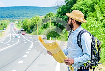 I am lost on my way. Tourist backpacker map lost direction travelling. Around the world. Find direction map large sheet Stock Photo