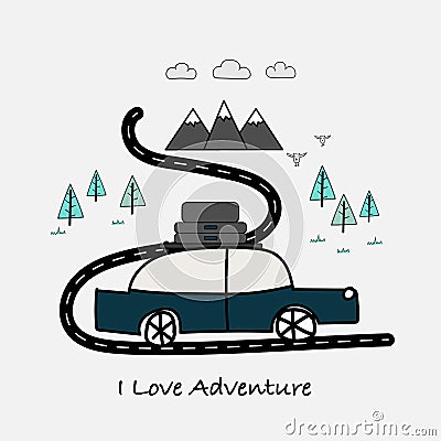 I Love Adventure typography with car, mountains and forest tree. Vector Illustration